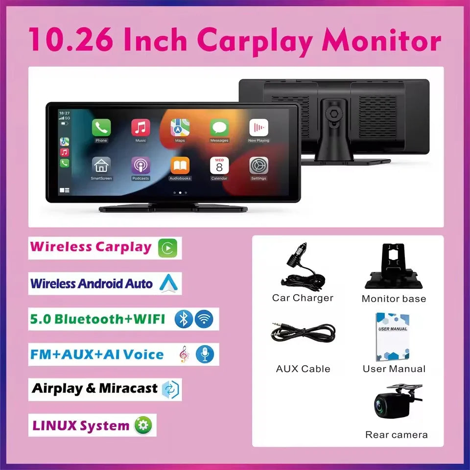 10.26" Wireless CarPlay & Android Auto Screen with Rear Camera