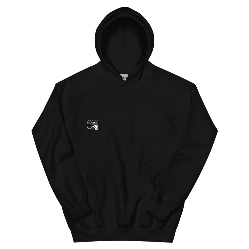 NUVA Waves on Gildan 18500 black hoodie — official Printful digital mockup; physical sample not verified