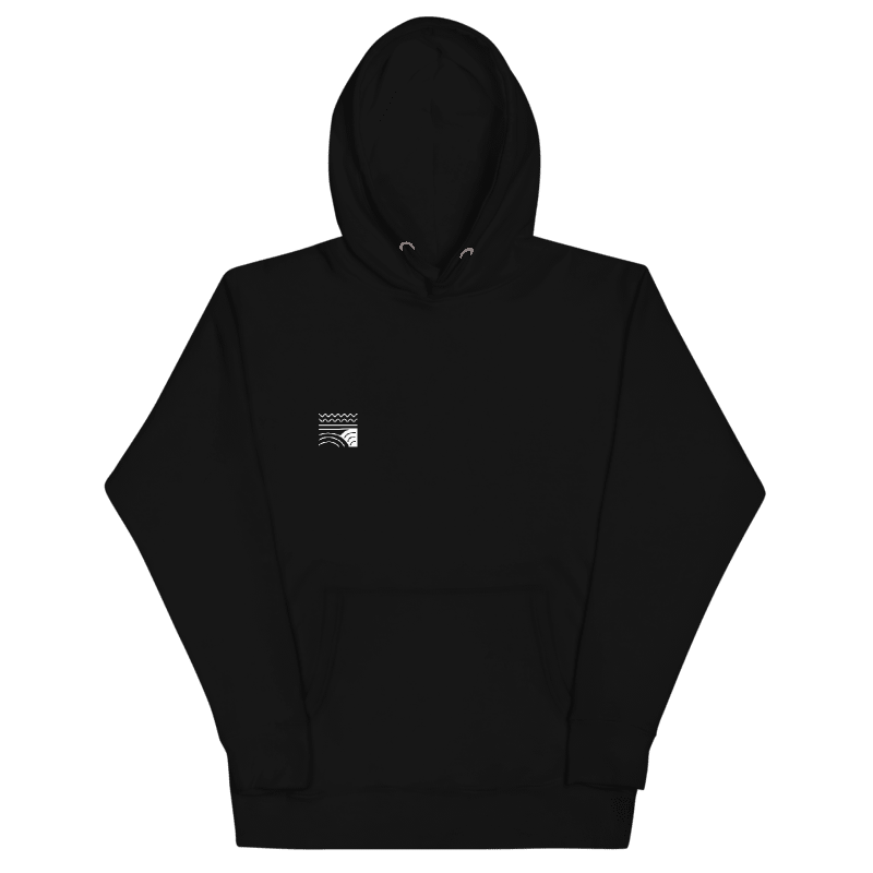 NUVA Waves on black Cotton Heritage M2580 hoodie — official Printful digital mockup; physical sample not verified