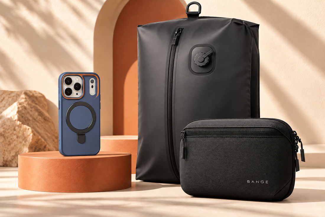 NUVA SELECT blue ring stand phone case, charcoal 25L travel bag and black BANGE tech organiser in a warm sculptural studio setting
